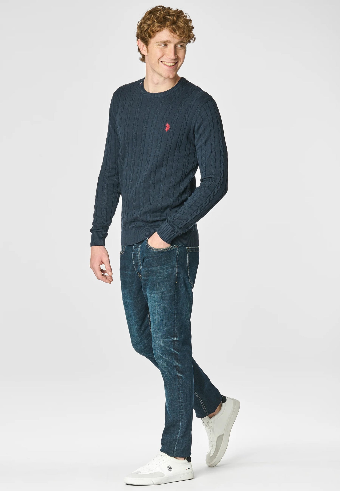 MAGLIONCINO US POLO ASSN GIROCOLLO A TRECCIA IN COTONE E CASHMERE BLU
