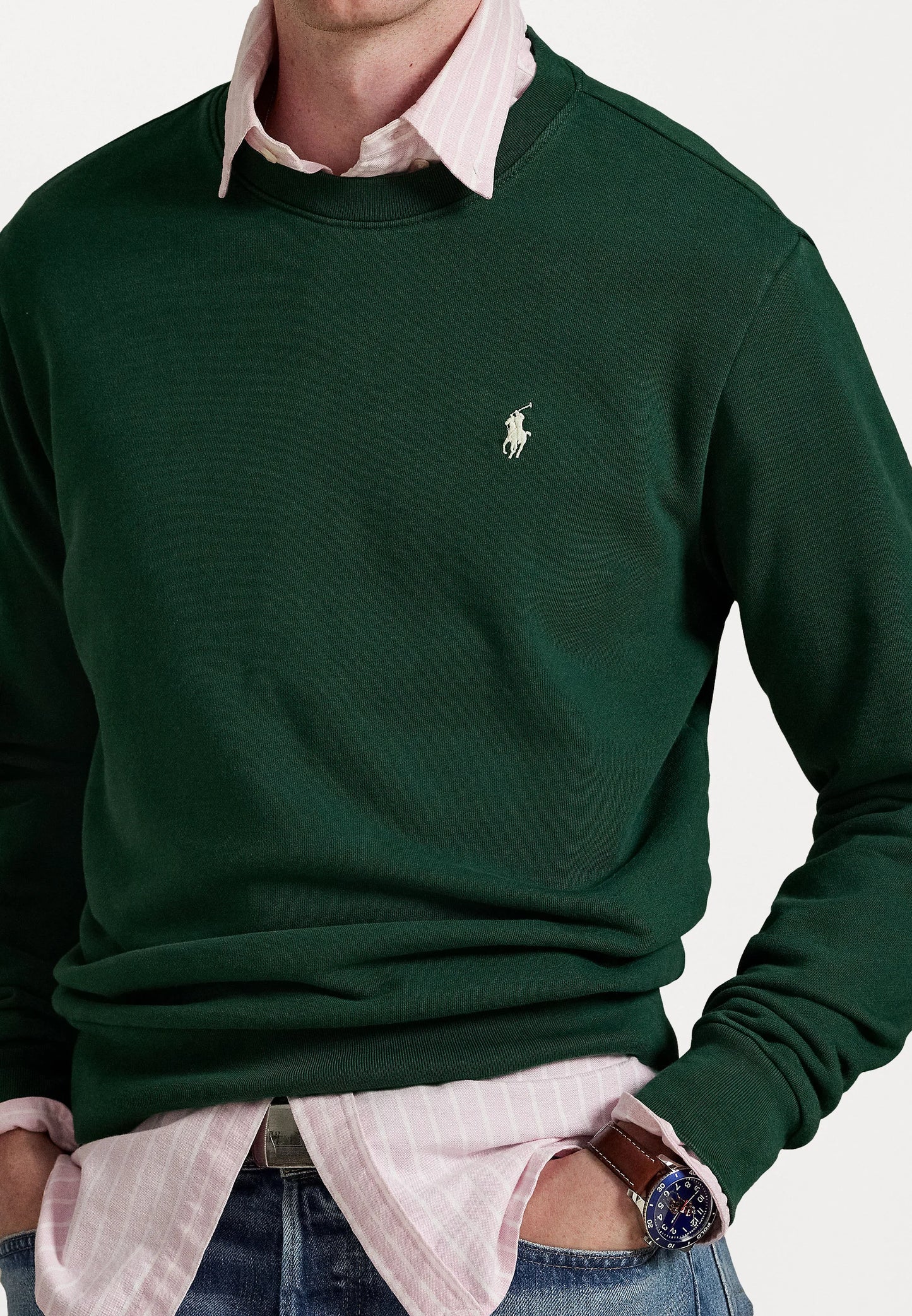 FELPA RALPH LAUREN LOOPBACK IN COTONE GIROCOLLO VERDE PINO