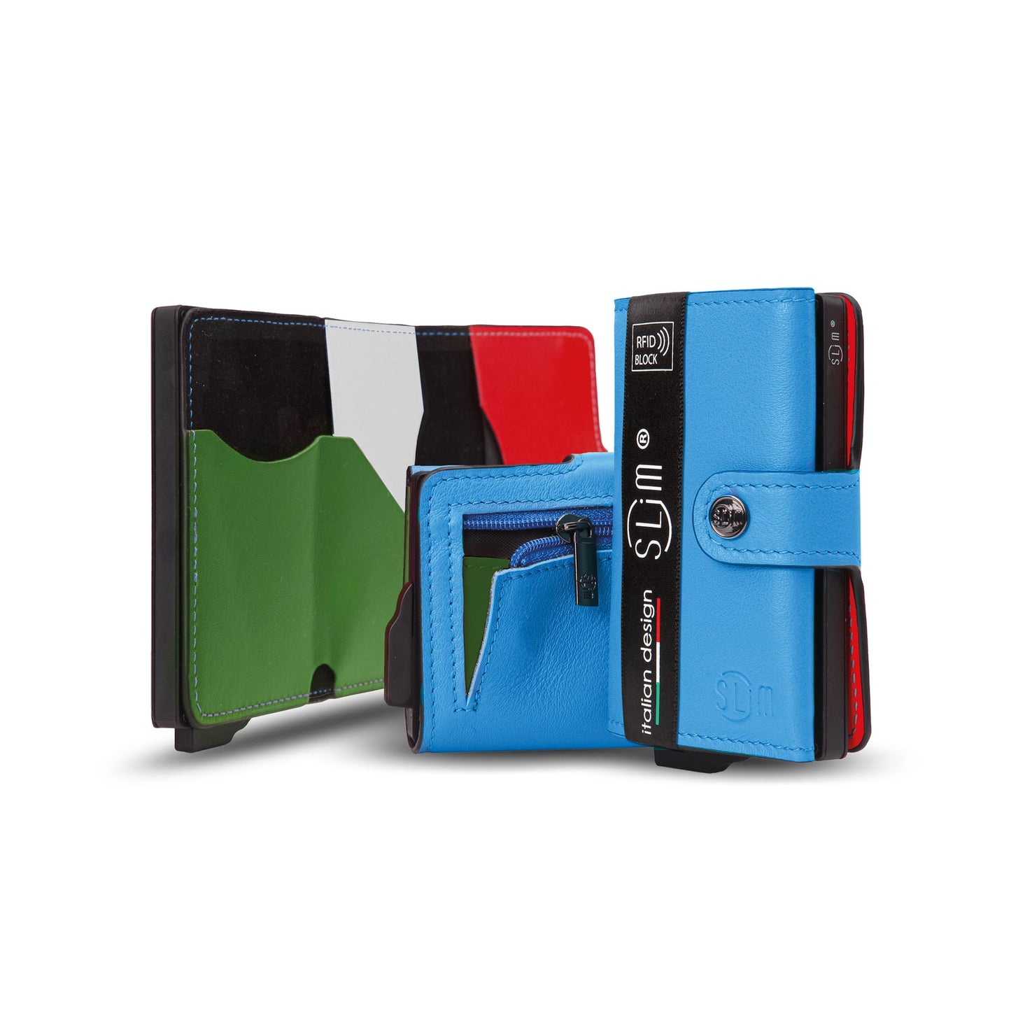 PORTAFOGLIO SLIM VERA PELLE AZZURRO MULTICOLOR ITALIA CON ZIP PORTA MONETE
