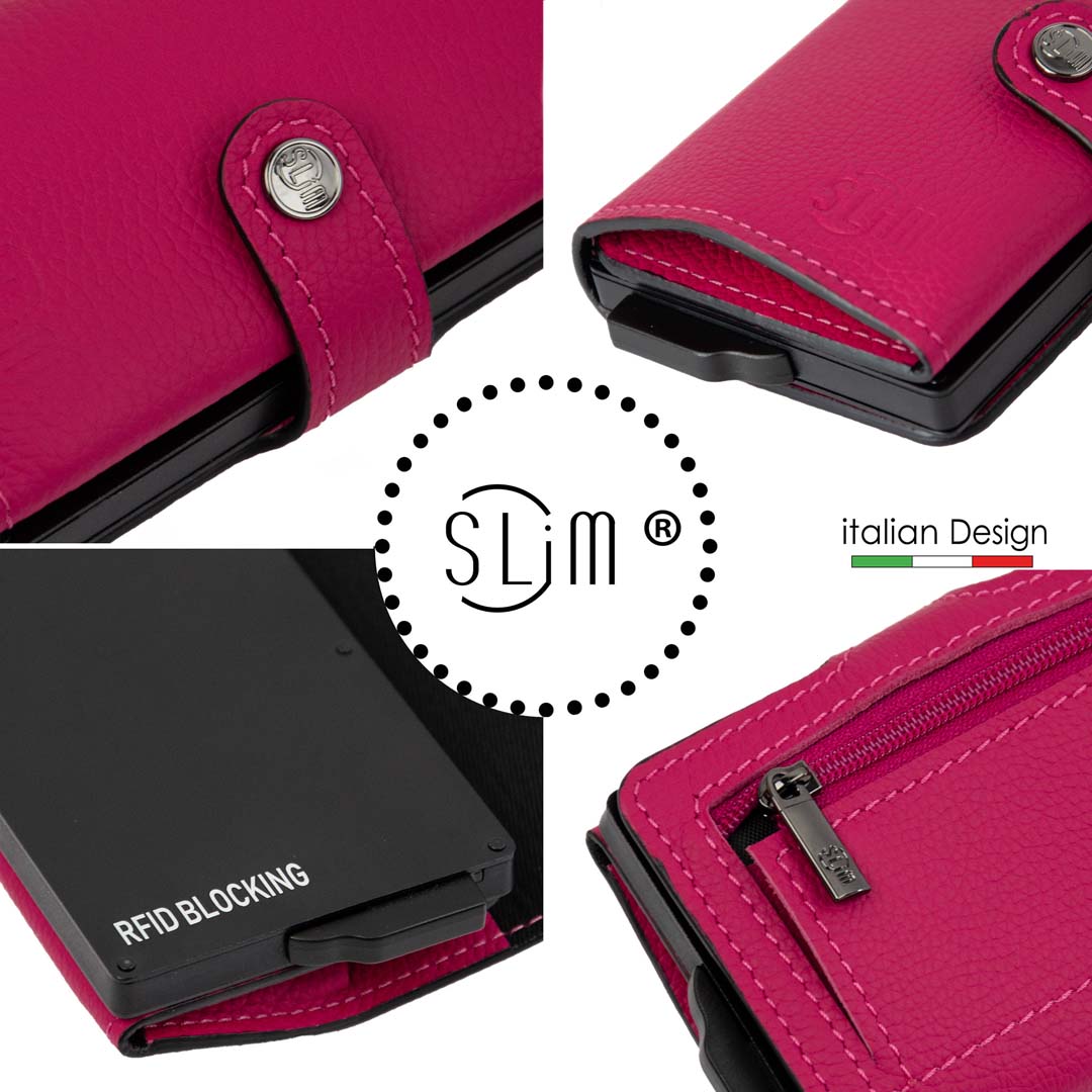 PORTAFOGLIO SLIM PORTA CARTE VERA PELLE BOTTALATO FUCSIA CON ZIP PORTA MONETE