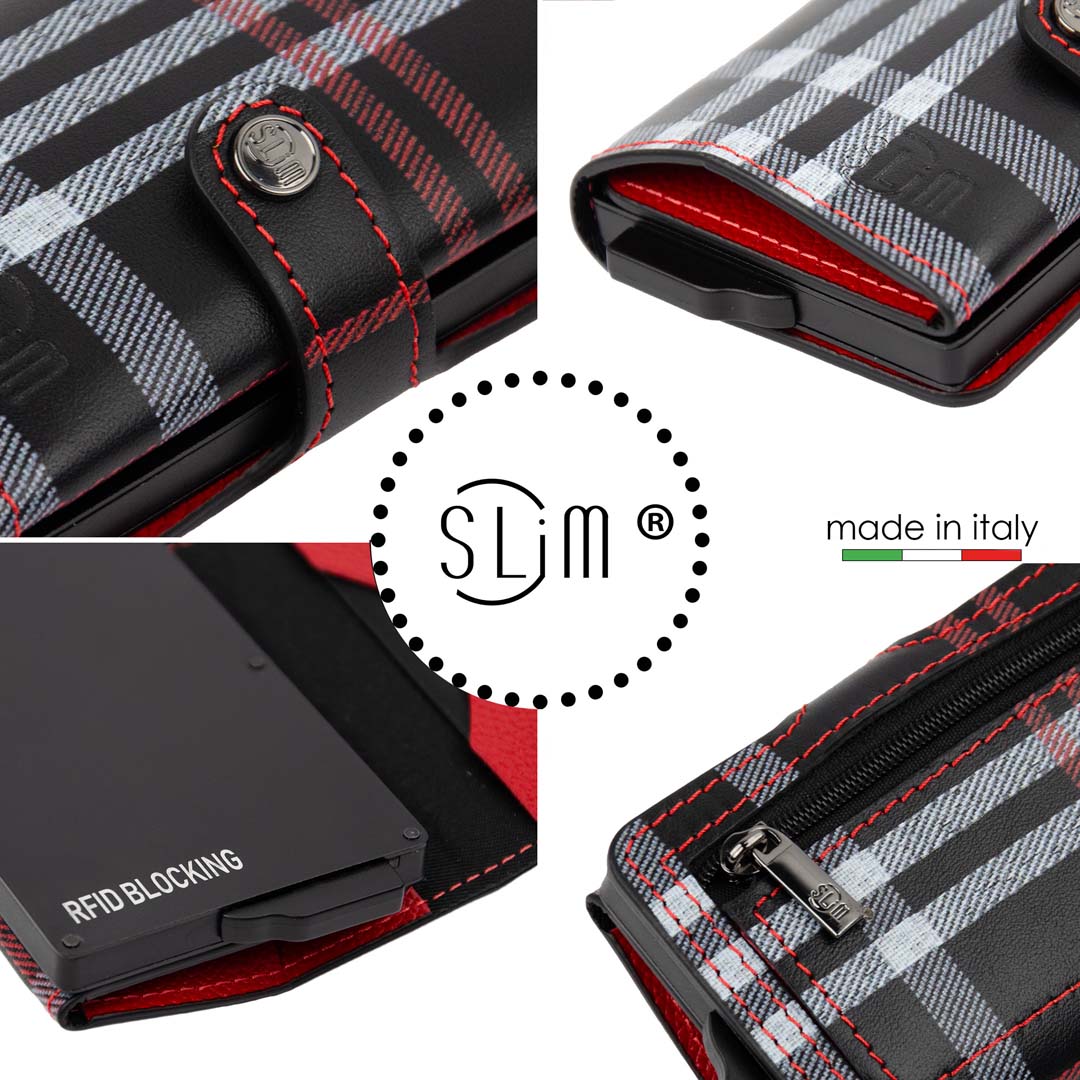PORTAFOGLIO SLIM PORTA CARTE VERA PELLE TARTAN SCOZZESE