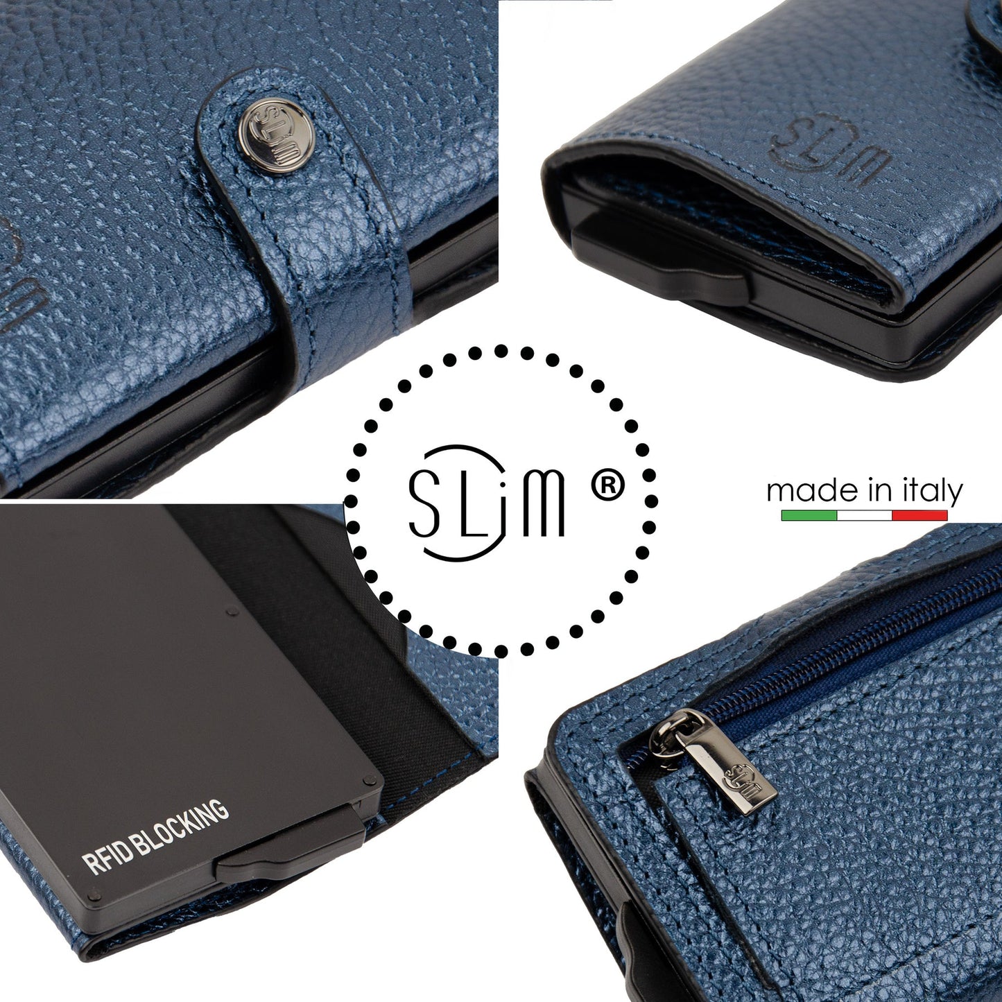 PORTAFOGLIO SLIM PORTA CARTE VERA PELLE BOTTALATO METAL BLU CON ZIP PORTA MONETE