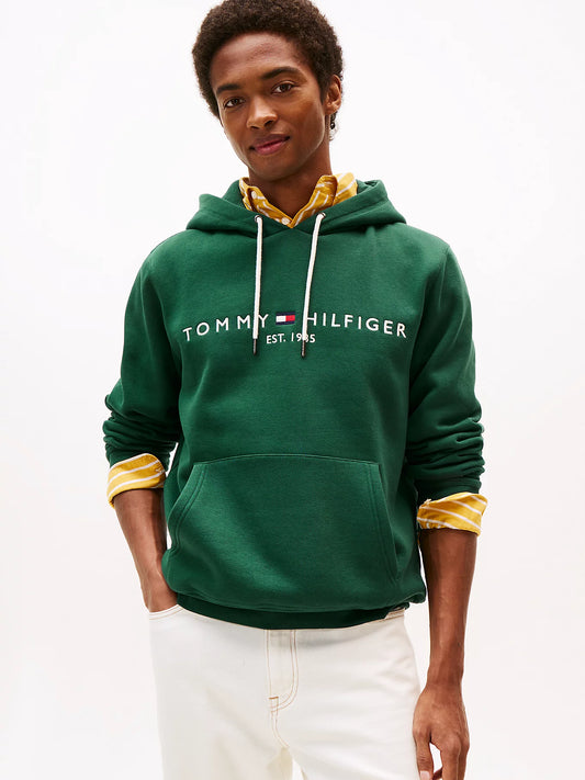 FELPA TOMMY HILFIGER UOMO CON CAPPUCCIO FELPATA LOGO RICAMATO VERDE