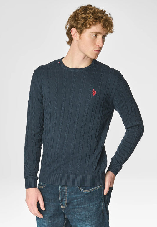 MAGLIONCINO US POLO ASSN GIROCOLLO A TRECCIA IN COTONE E CASHMERE BLU