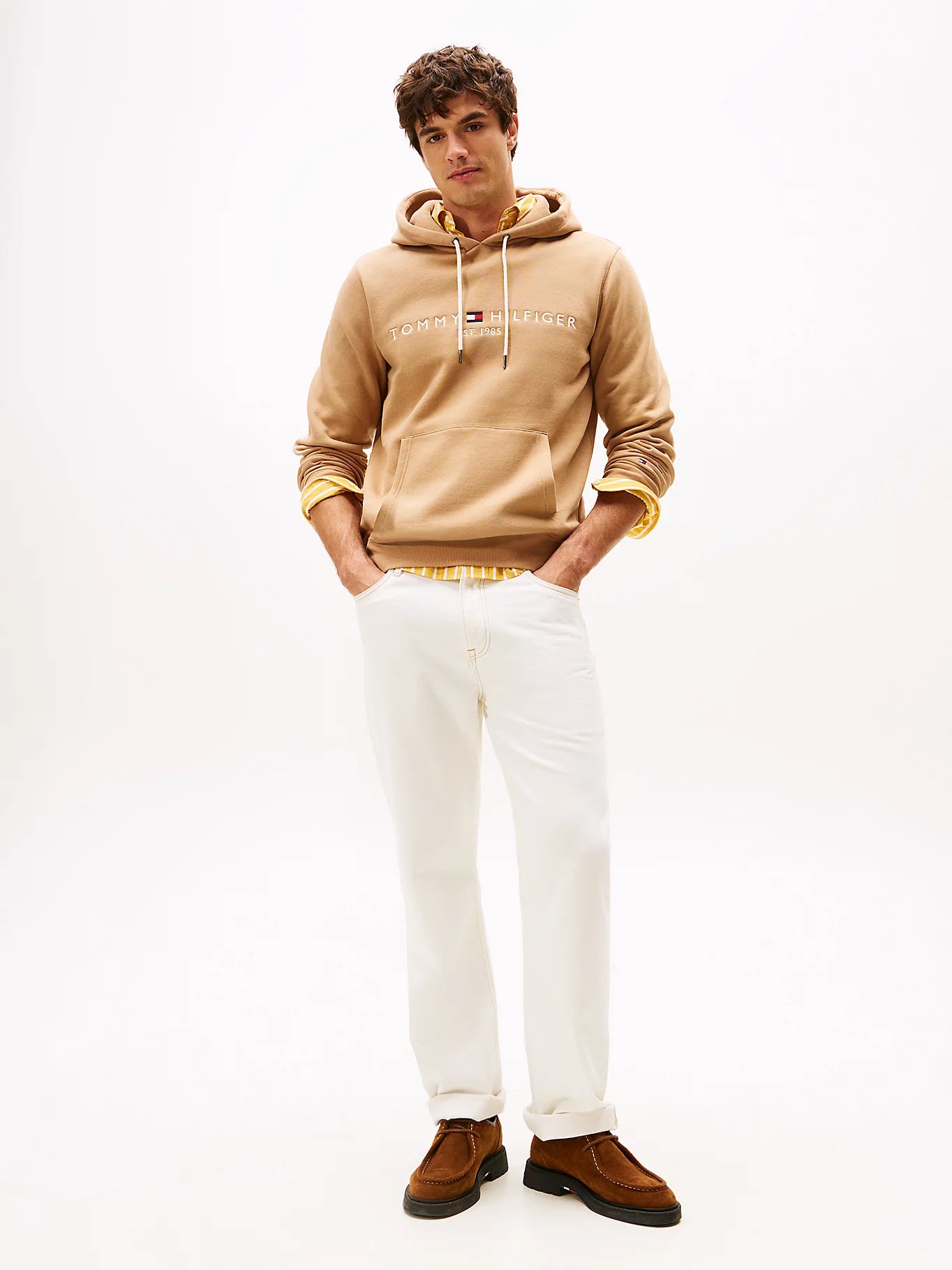 FELPA TOMMY HILFIGER UOMO CON CAPPUCCIO FELPATA LOGO RICAMATO CAMMELLO