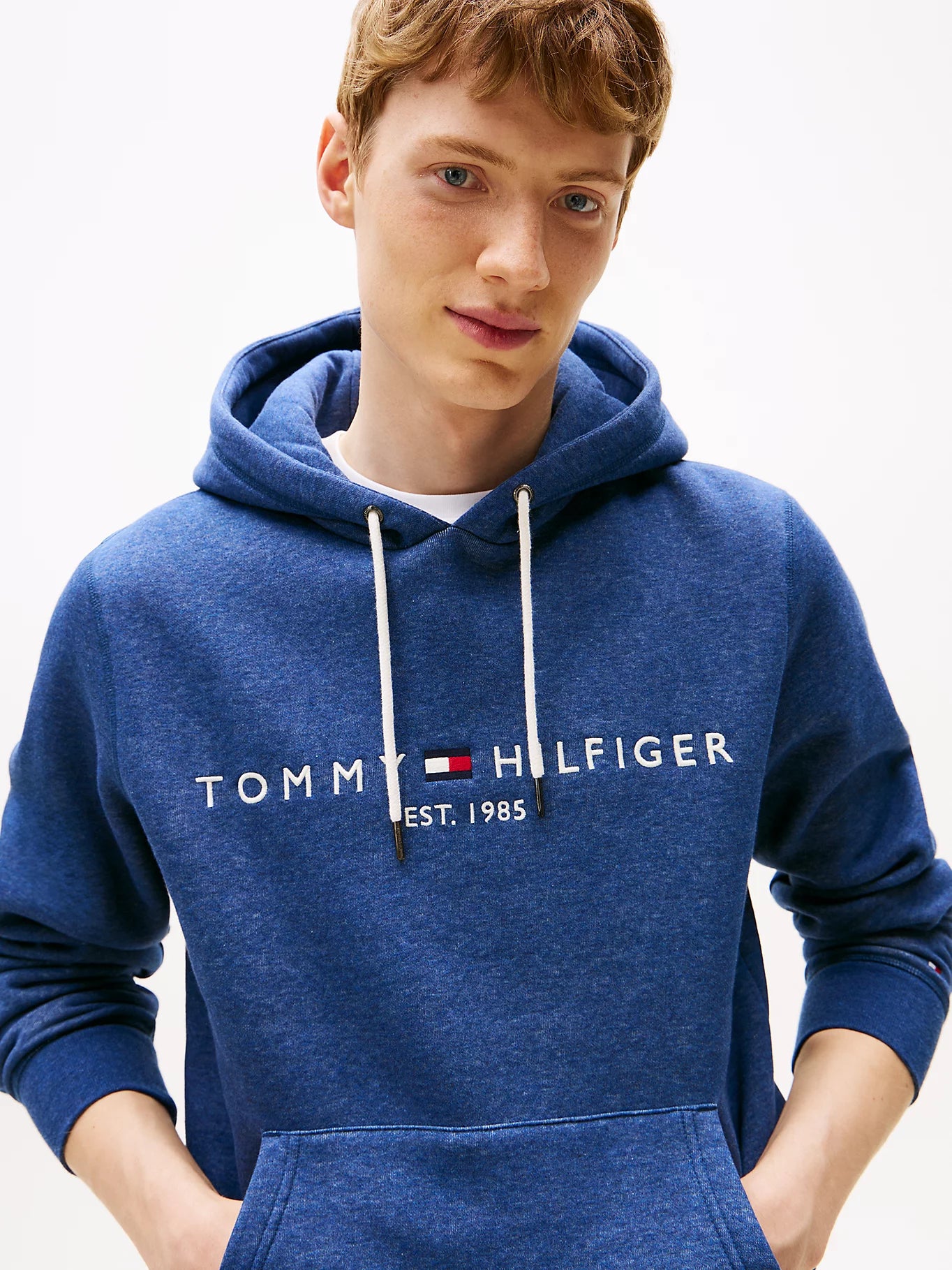 FELPA TOMMY HILFIGER UOMO CON CAPPUCCIO FELPATA LOGO RICAMATO ACQUA