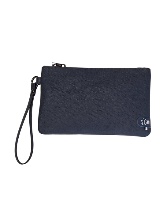 Pochette con Polsiera Vera Pelle Saffiano Blu