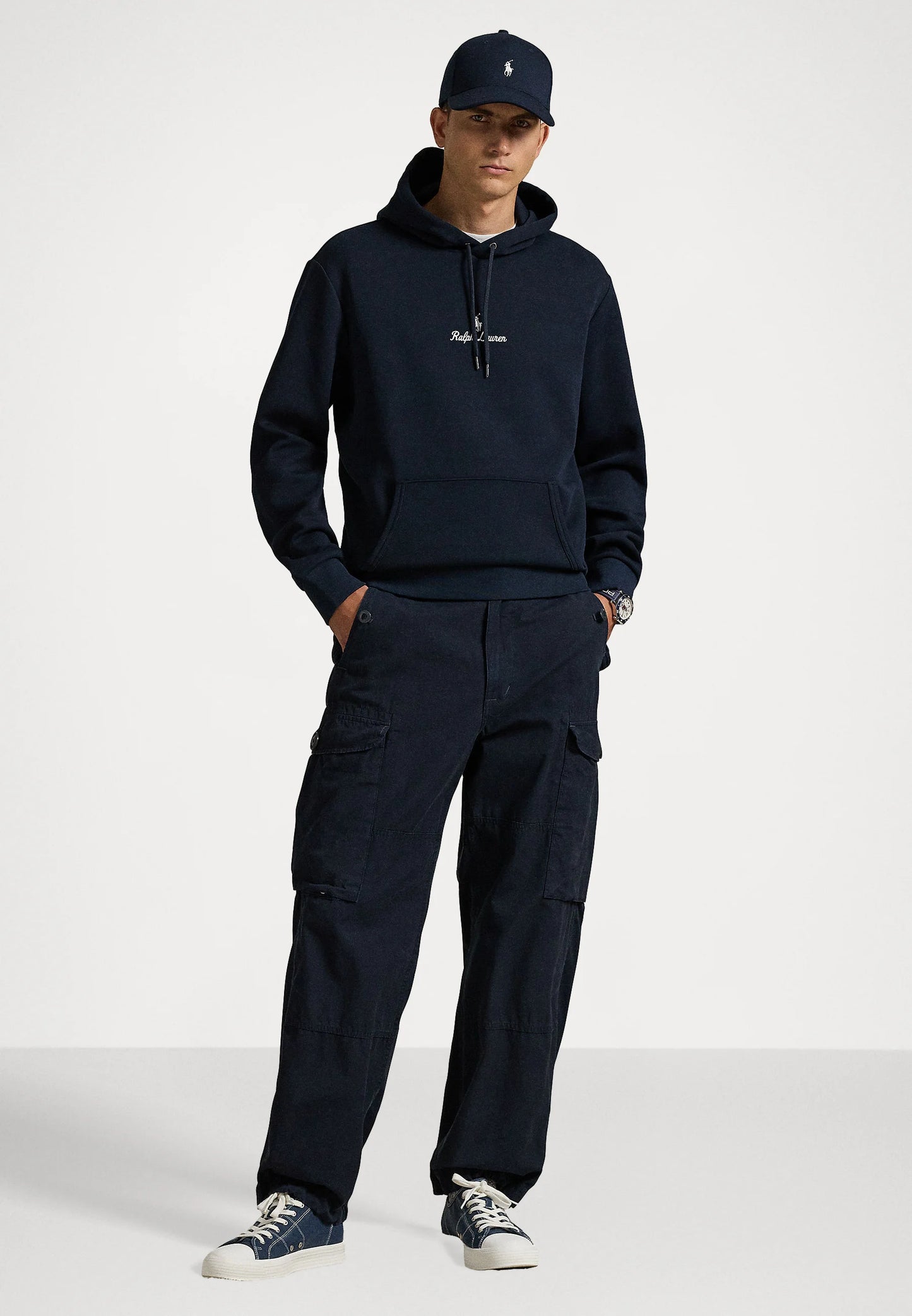 FELPA RALPH LAUREN CON CAPPUCCIO A MAGLIA DOPPIA BLU SCURO