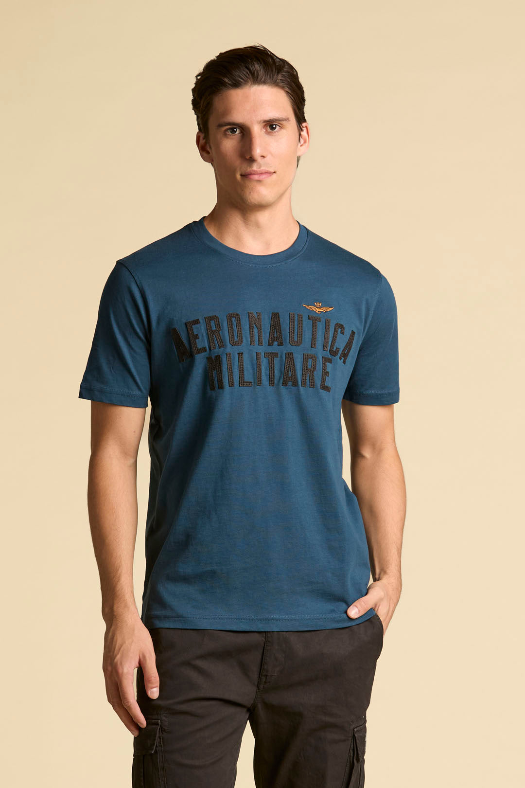 T-SHIRT MANICA CORTA CON LOGO IN FELTRO AERONAUTICA MILITARE BLU AVIO