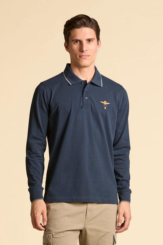 POLO BASICA MANICA LUNGA IN COTONE AERONAUTICA MILITARE BLU