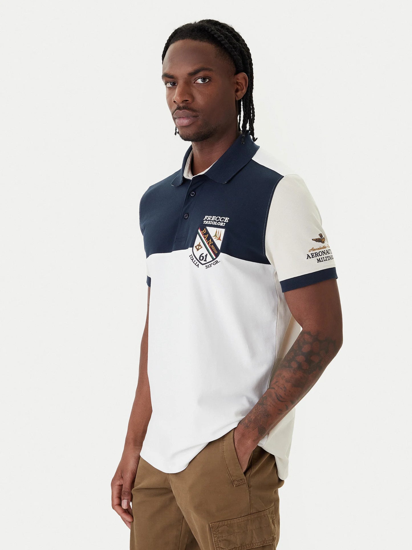 POLO UOMO AERONAUTICA MILITARE CON SCUDETTO MEZZA MANICA BIANCO/GHIACCIO/BLU NAVY