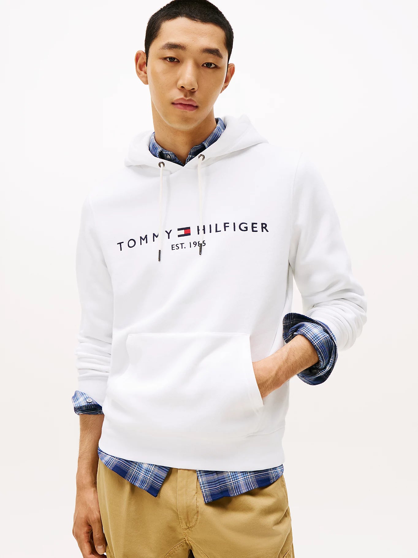 FELPA TOMMY HILFIGER UOMO CON CAPPUCCIO FELPATA LOGO RICAMATO BIANCO