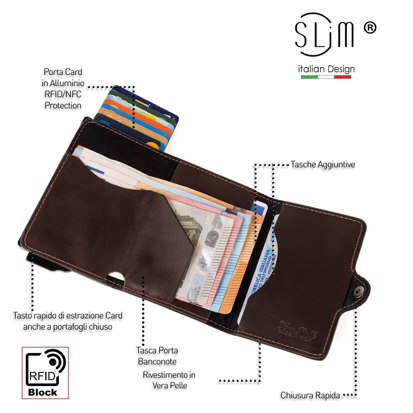 PORTAFOGLIO SLIM PORTA PORTA CARTE VERA PELLE NIDO D'APE SENZA ZIP