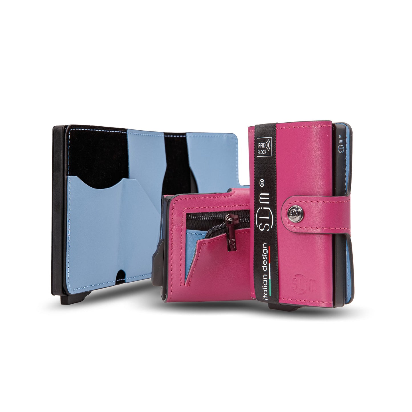 PORTAFOGLIO SLIM PORTA CARTE VERA PELLE FUCSIA E AZZURRO CON ZIP PORTA MONETE