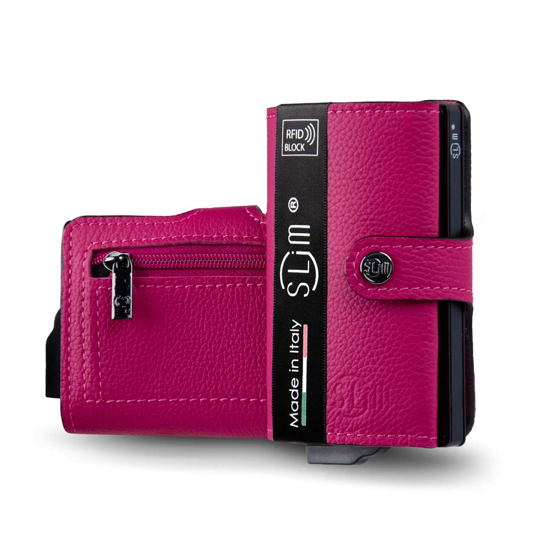 PORTAFOGLIO SLIM PORTA CARTE VERA PELLE BOTTALATO FUCSIA CON ZIP PORTA MONETE