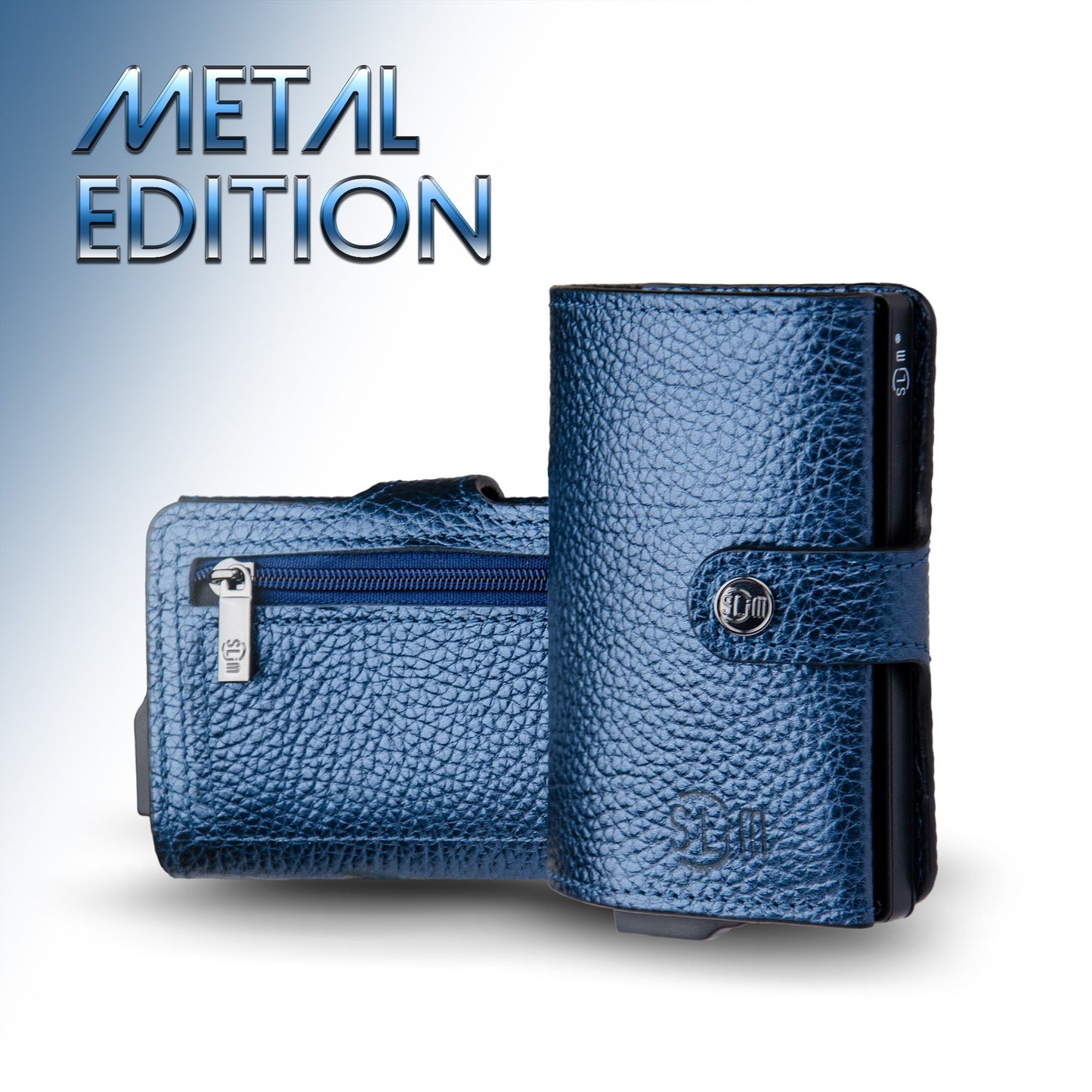 PORTAFOGLIO SLIM PORTA CARTE VERA PELLE BOTTALATO METAL BLU CON ZIP PORTA MONETE