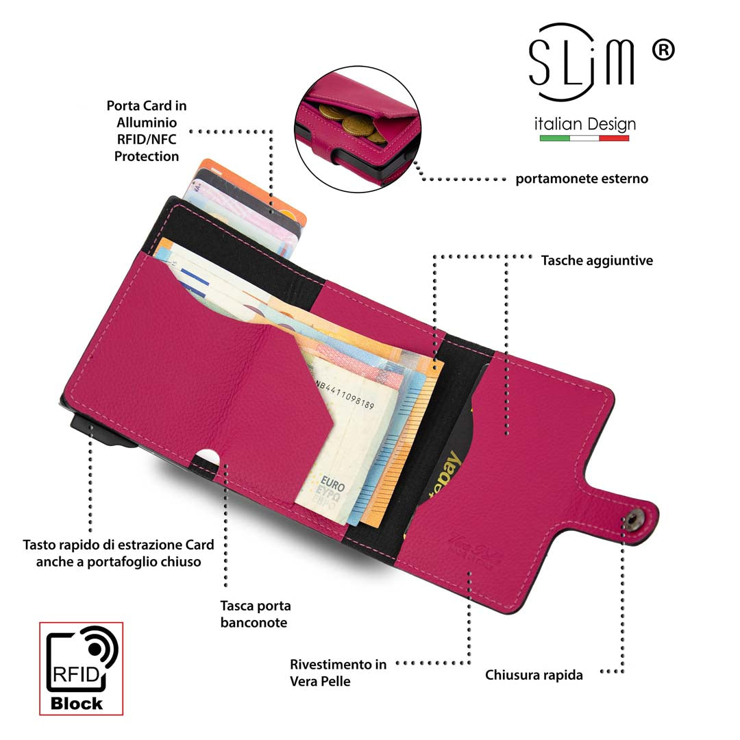 PORTAFOGLIO SLIM PORTA CARTE VERA PELLE BOTTALATO FUCSIA CON ZIP PORTA MONETE