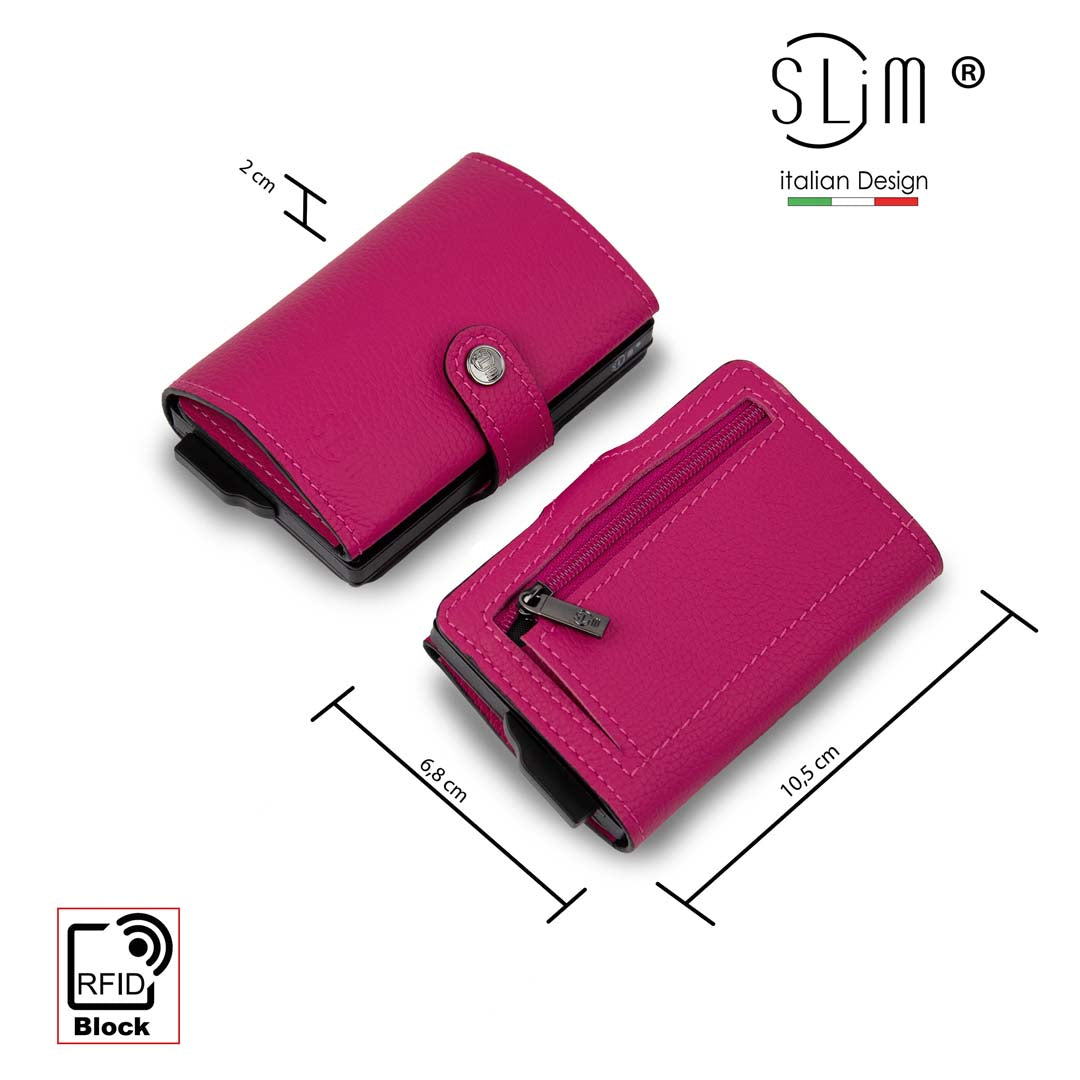 PORTAFOGLIO SLIM PORTA CARTE VERA PELLE BOTTALATO FUCSIA CON ZIP PORTA MONETE