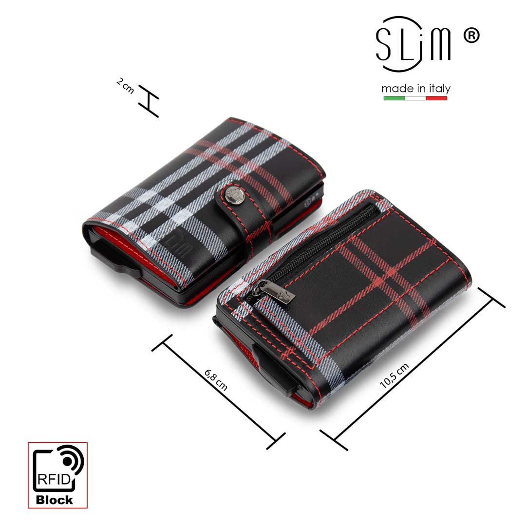 PORTAFOGLIO SLIM PORTA CARTE VERA PELLE TARTAN SCOZZESE