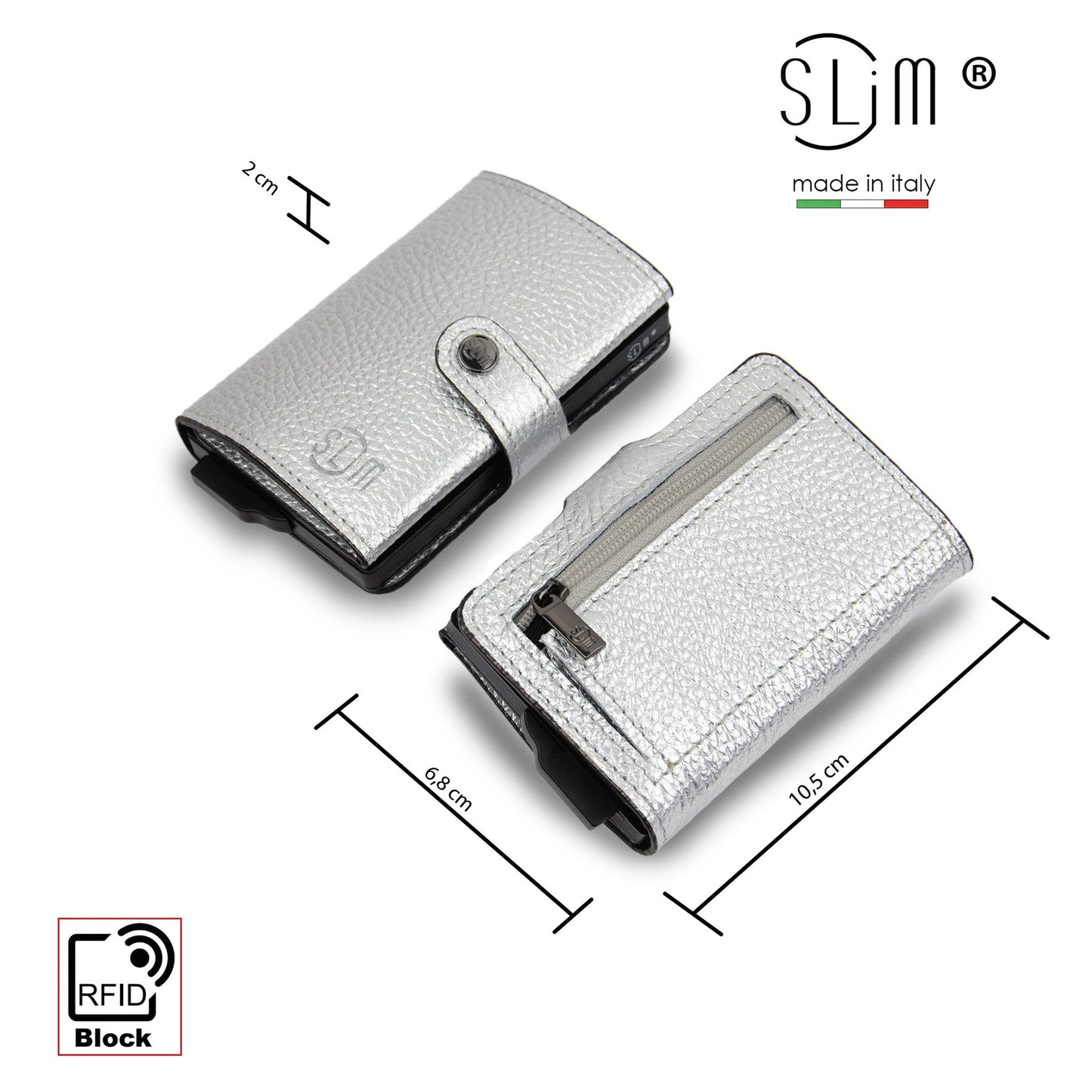 PORTAFOGLIO SLIM PORTA CARTE VERA PELLE BOTTALATO METAL ARGENTOCON ZIP PORTA MONETE