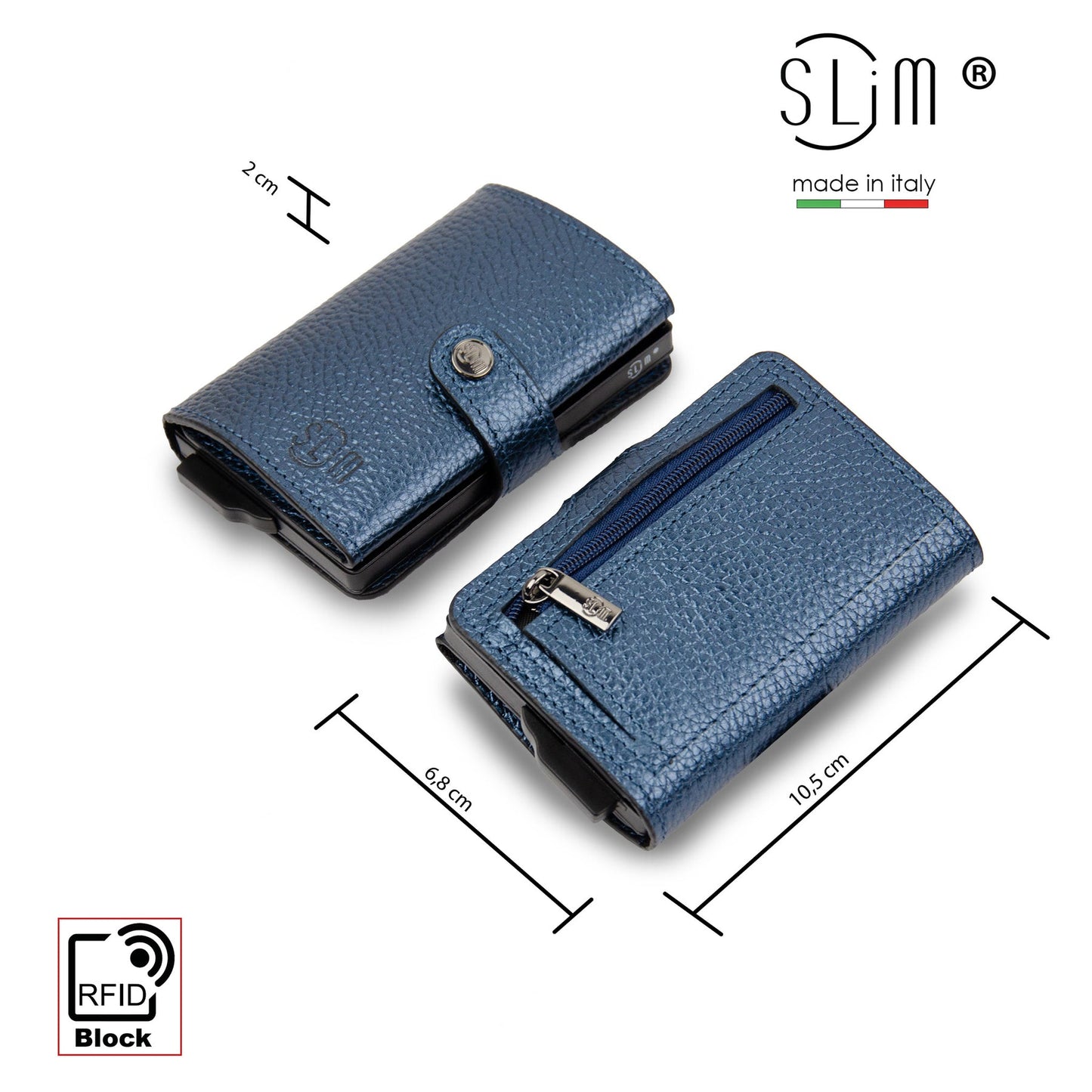 PORTAFOGLIO SLIM PORTA CARTE VERA PELLE BOTTALATO METAL BLU CON ZIP PORTA MONETE