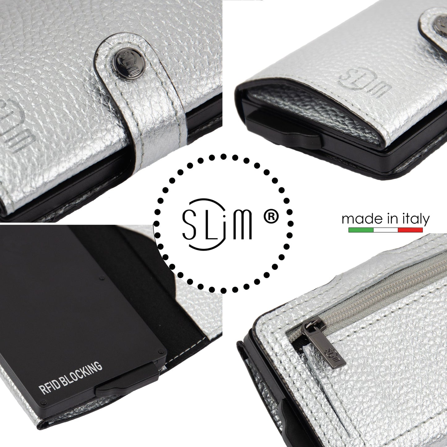 PORTAFOGLIO SLIM PORTA CARTE VERA PELLE BOTTALATO METAL ARGENTOCON ZIP PORTA MONETE