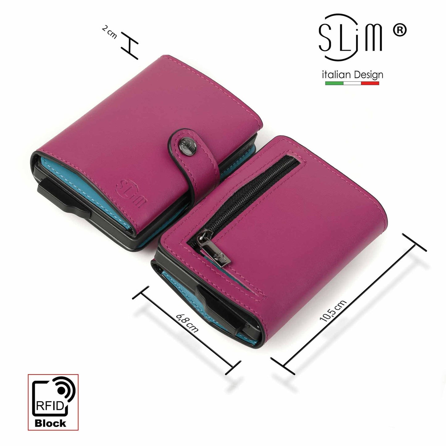 PORTAFOGLIO SLIM PORTA CARTE VERA PELLE FUCSIA E AZZURRO CON ZIP PORTA MONETE