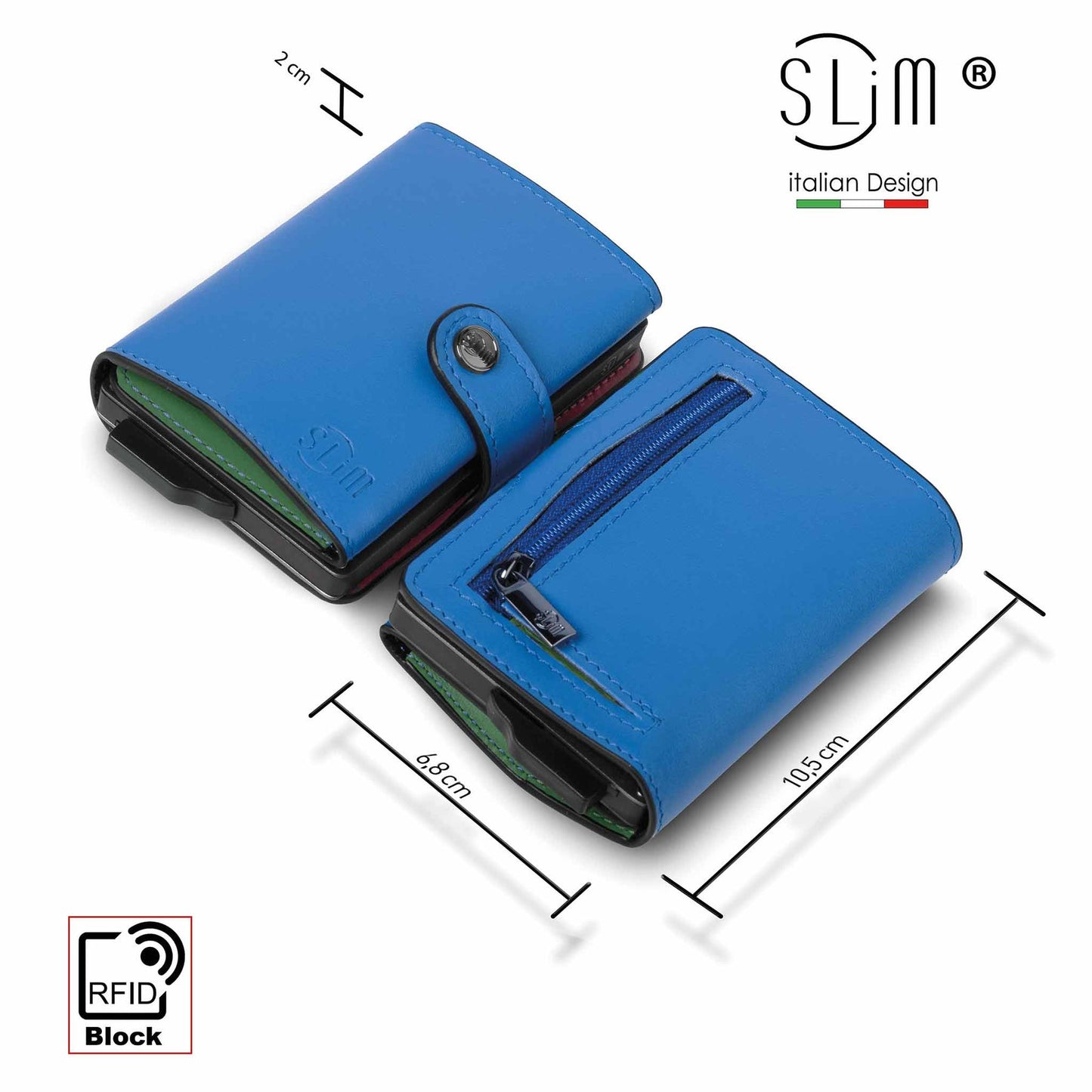 PORTAFOGLIO SLIM VERA PELLE AZZURRO MULTICOLOR ITALIA CON ZIP PORTA MONETE